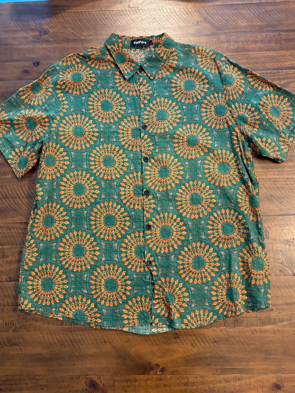 VATPAVE Mens Green and Orange Hawaiian Short Sleeve Button Down Shirt Size L